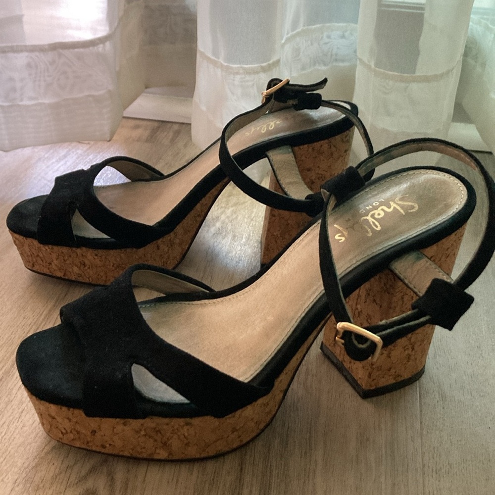 Shelly's London Black Cork Platform Heels Sandals Sz 6.5